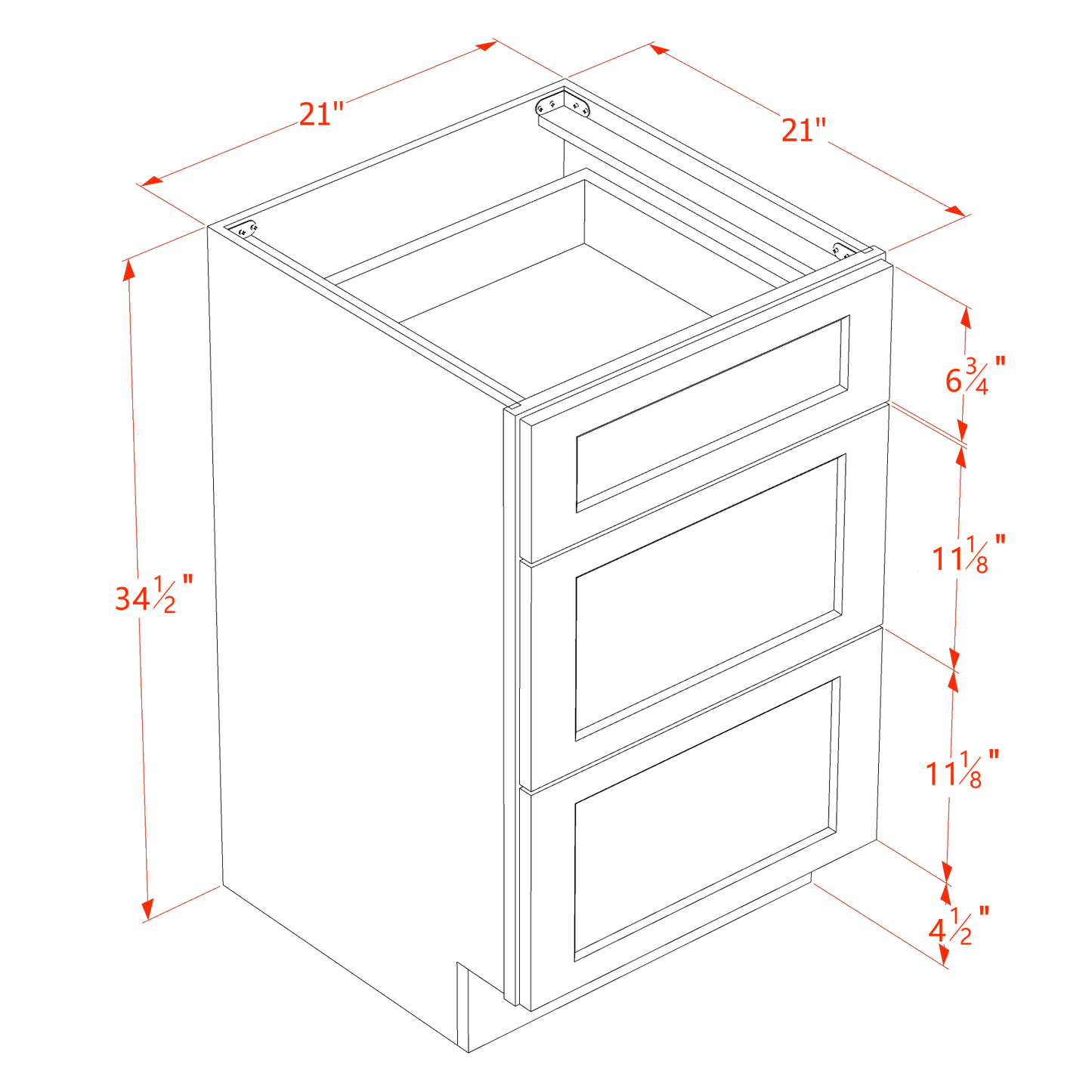 HF-VDB2121: Frost White Shaker 21"W x 34-1/2"H x 21"D 3 Drawers Vanity Base Cabinets