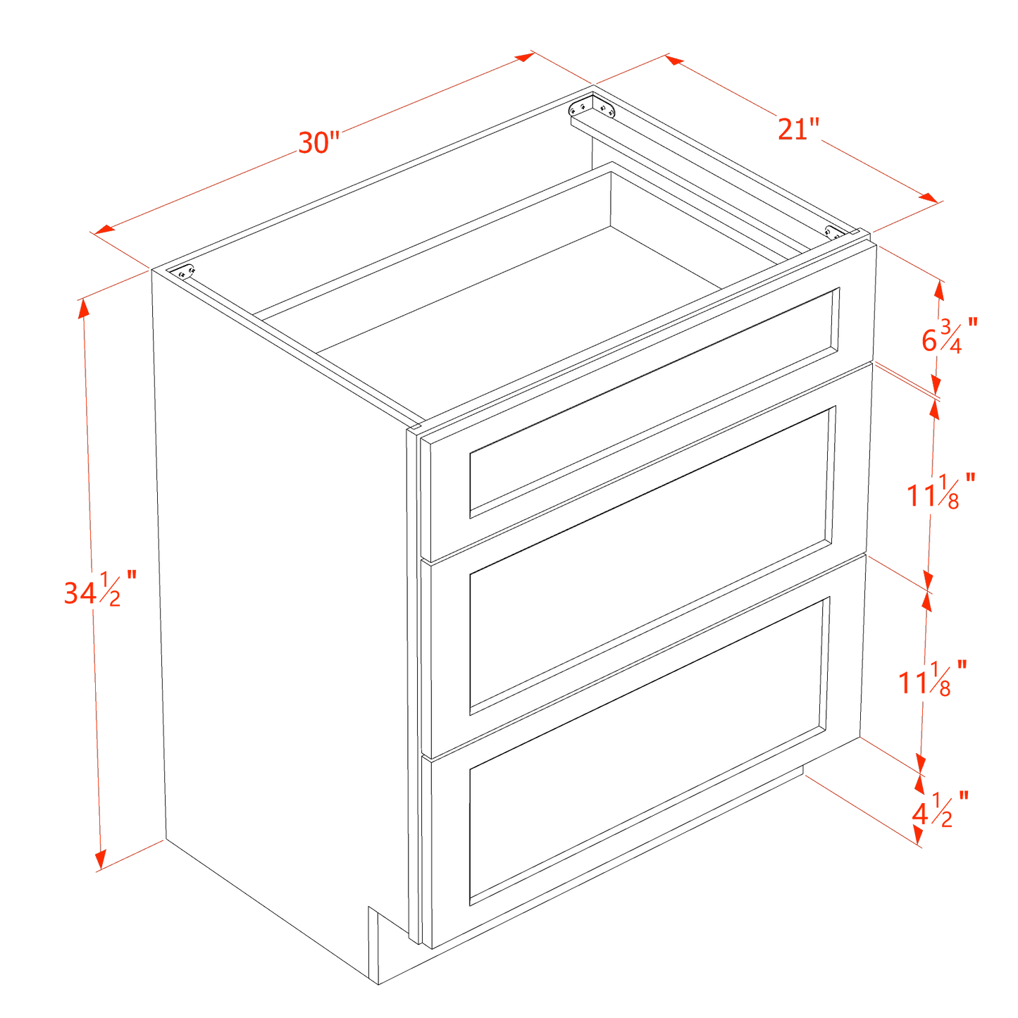 HF-VDB3021: Frost White Shaker 30"W x 34-1/2"H x 21"D 3 Drawers Vanity Base Cabinets