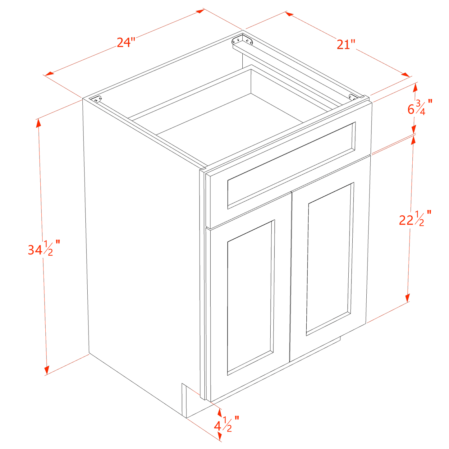HG-VB2421: Dark Gray Shaker 24"W x 34-1/2"H x 21"D 2 Doors & 1 Drawer Double Door Vanity Base Cabinets