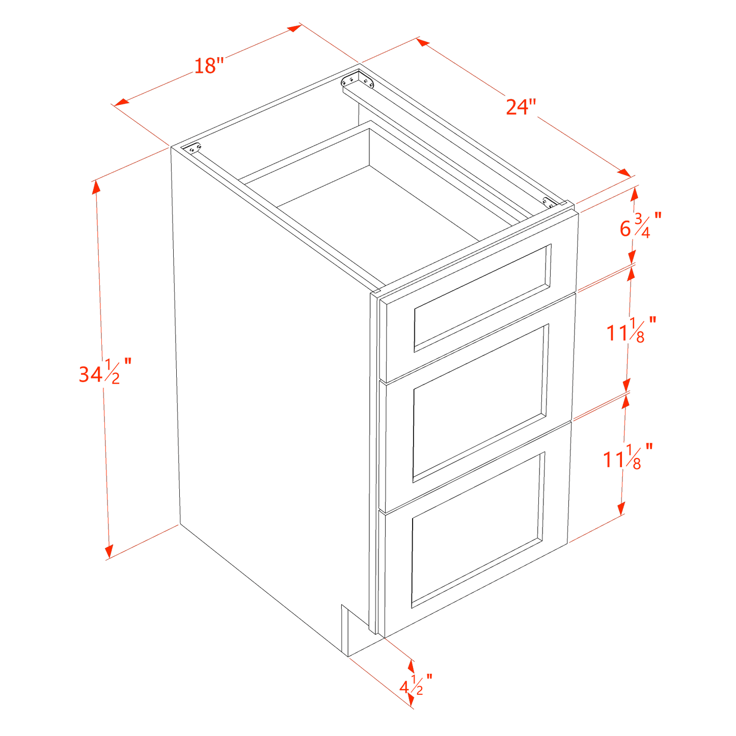HLG-DB18: Light Gray Shaker 18" 3 Drawers Base Cabinet