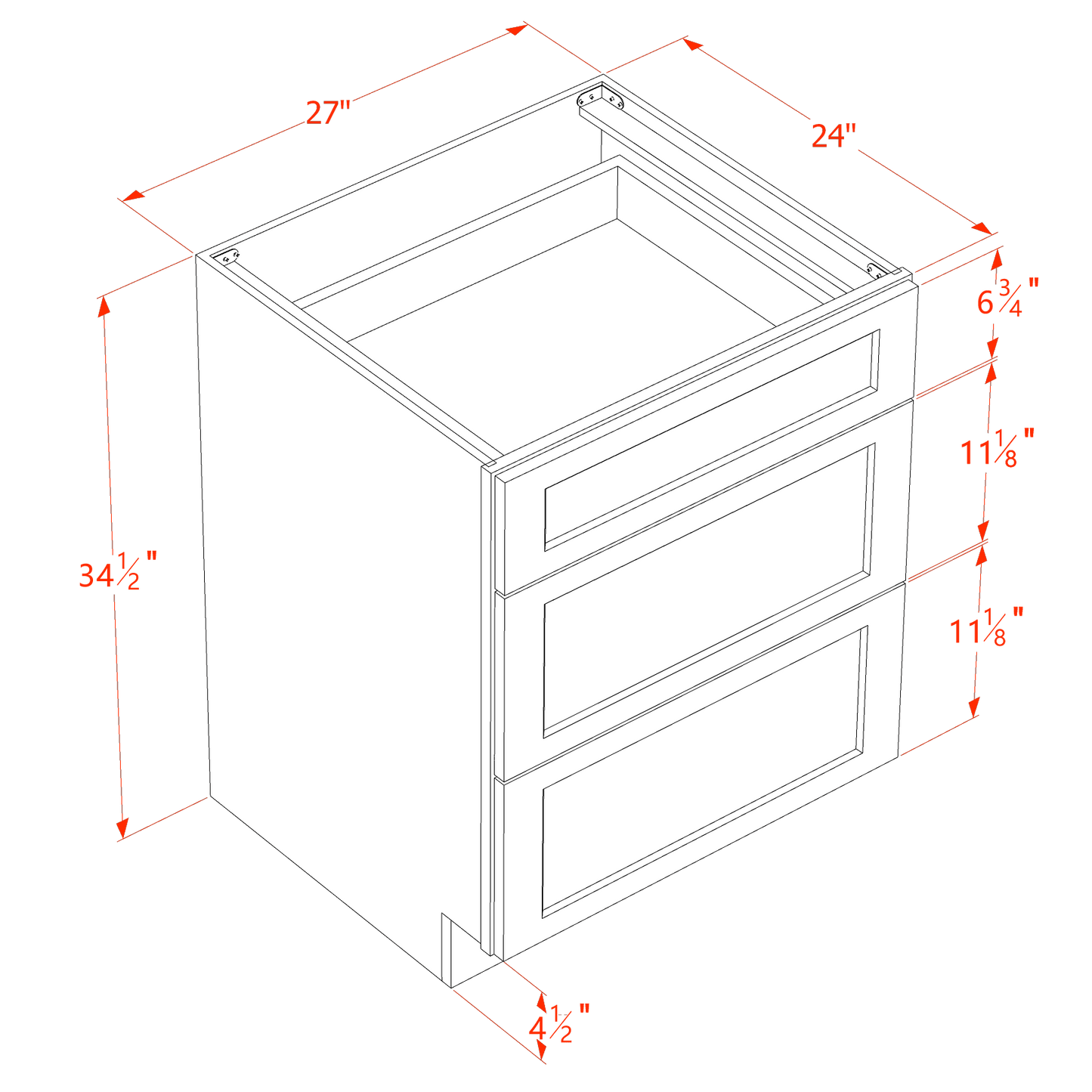 HLG-DB27: Light Gray Shaker 27" 3 Drawers Base Cabinet