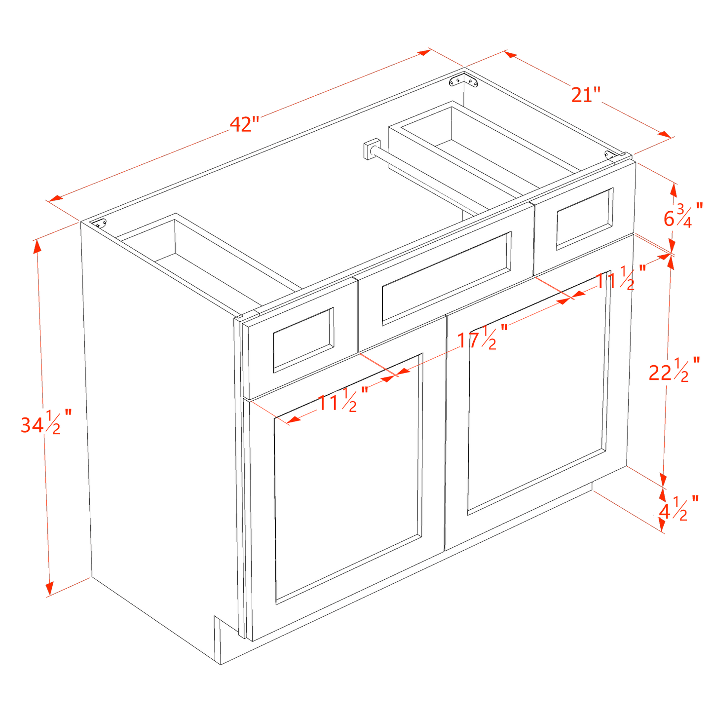 HLG-VSD4221: Light Gray Shaker 42"W x 34-1/2"H x 21"D 2 Doors, 2 Drawers & 1 False Drawer Centered Vanity Sink Base Cabinets