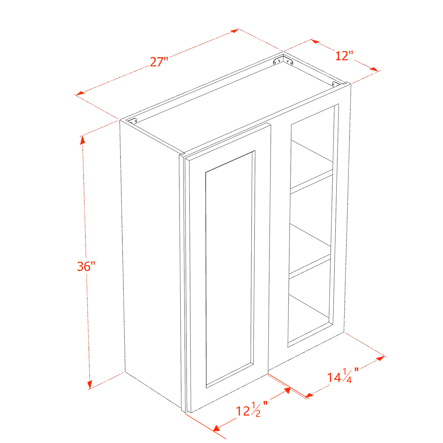 HLG-WBC2736: Light Gray Shaker 27"W x 36"H 1 Door & 2 Shelves Wall Blind Corner Cabinets