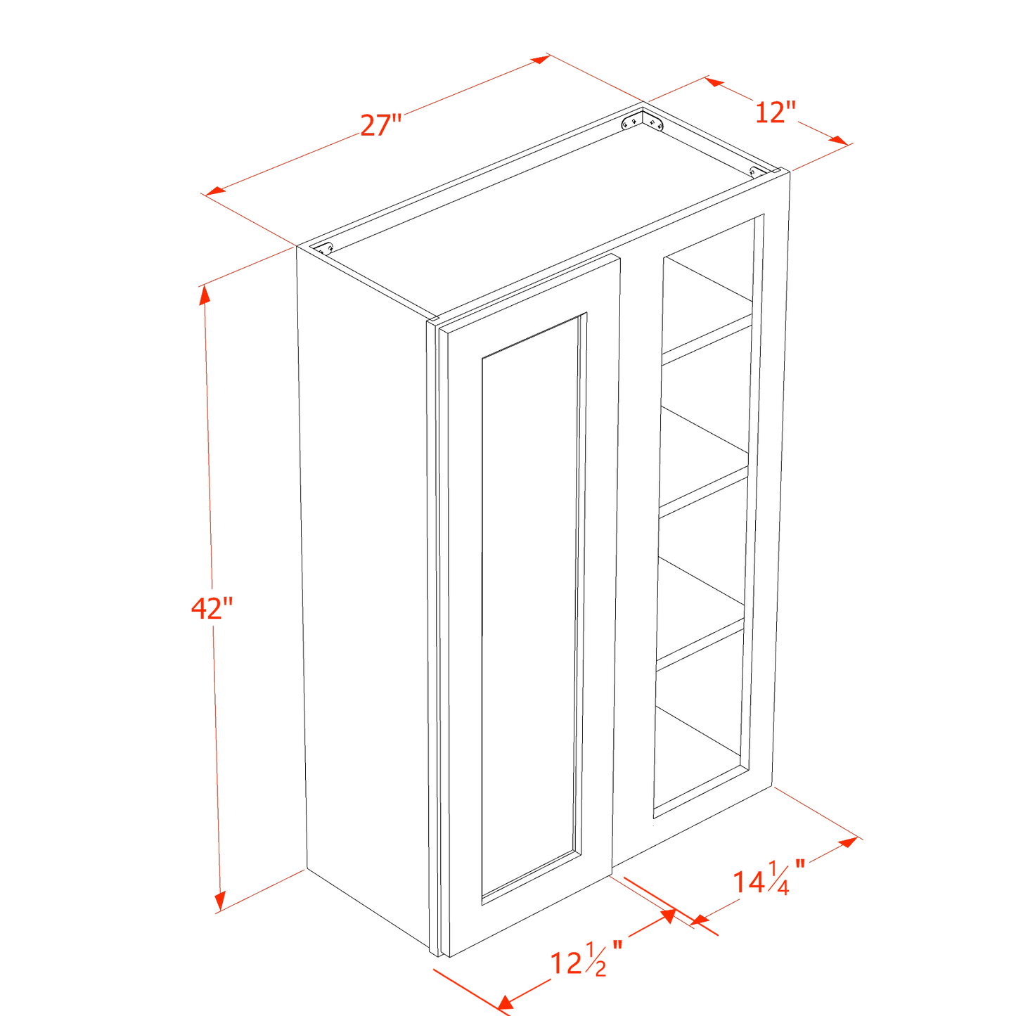 HLG-WBC2742: Light Gray Shaker 27"W x 42"H 1 Door & 2 Shelves Wall Blind Corner Cabinets