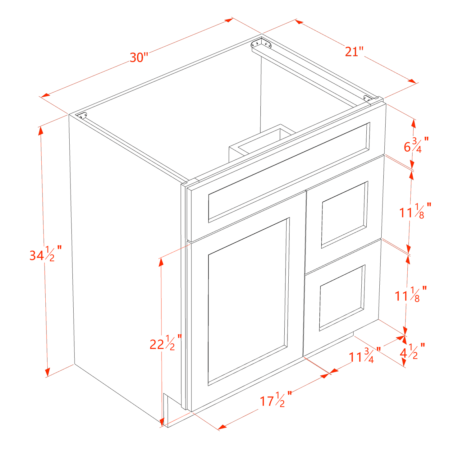 HT-VSD3021R: Timber Wood Shaker 30"W x 34-1/2"H x 21"D 1 Door & 2 Right Drawers Offset Vanity Sink Base Cabinets