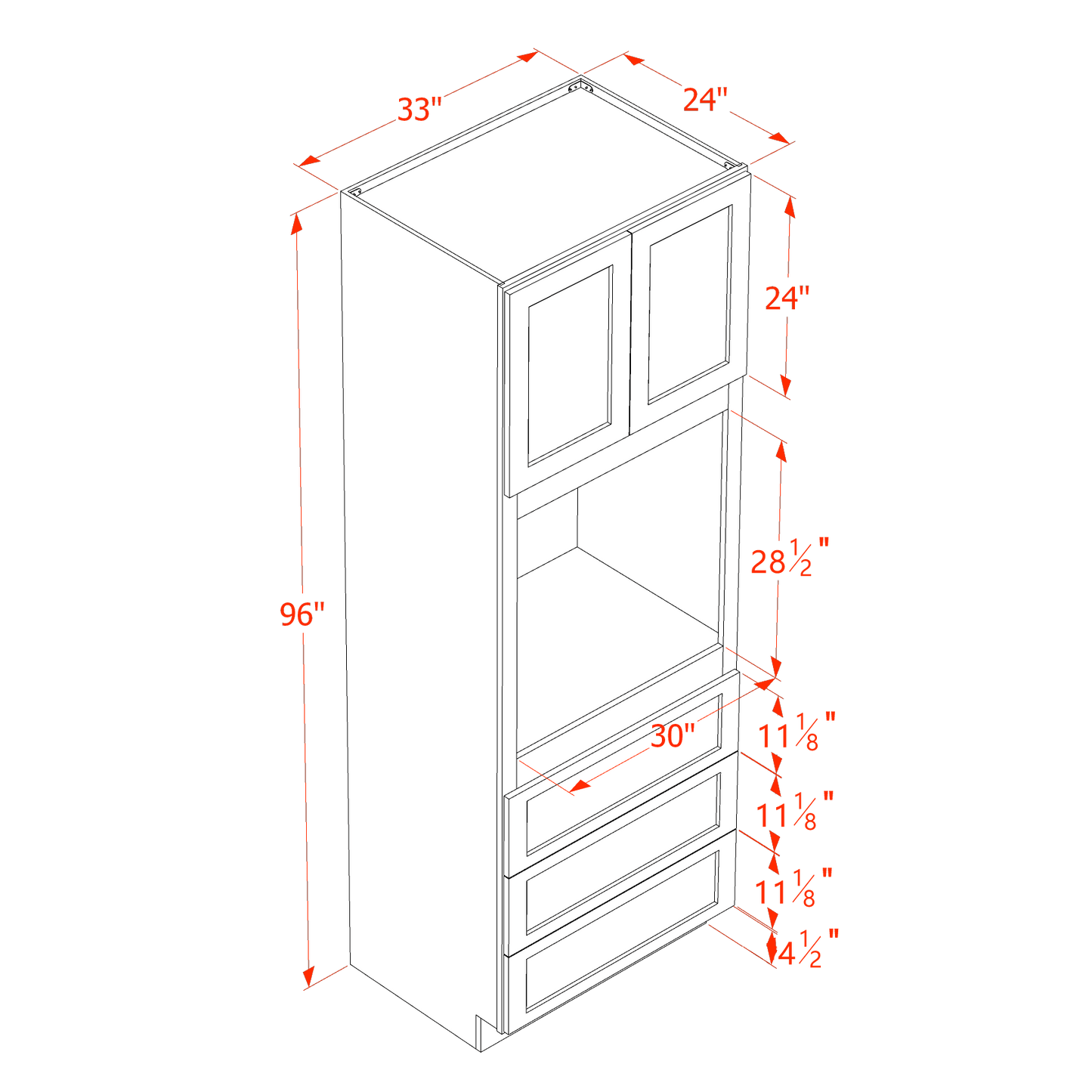 SF-OC3396: Frost White Slim Shaker 33"W x 96"H x 24"D 2 Doors & 3 Drawers Tall Oven Shelf Cabinets