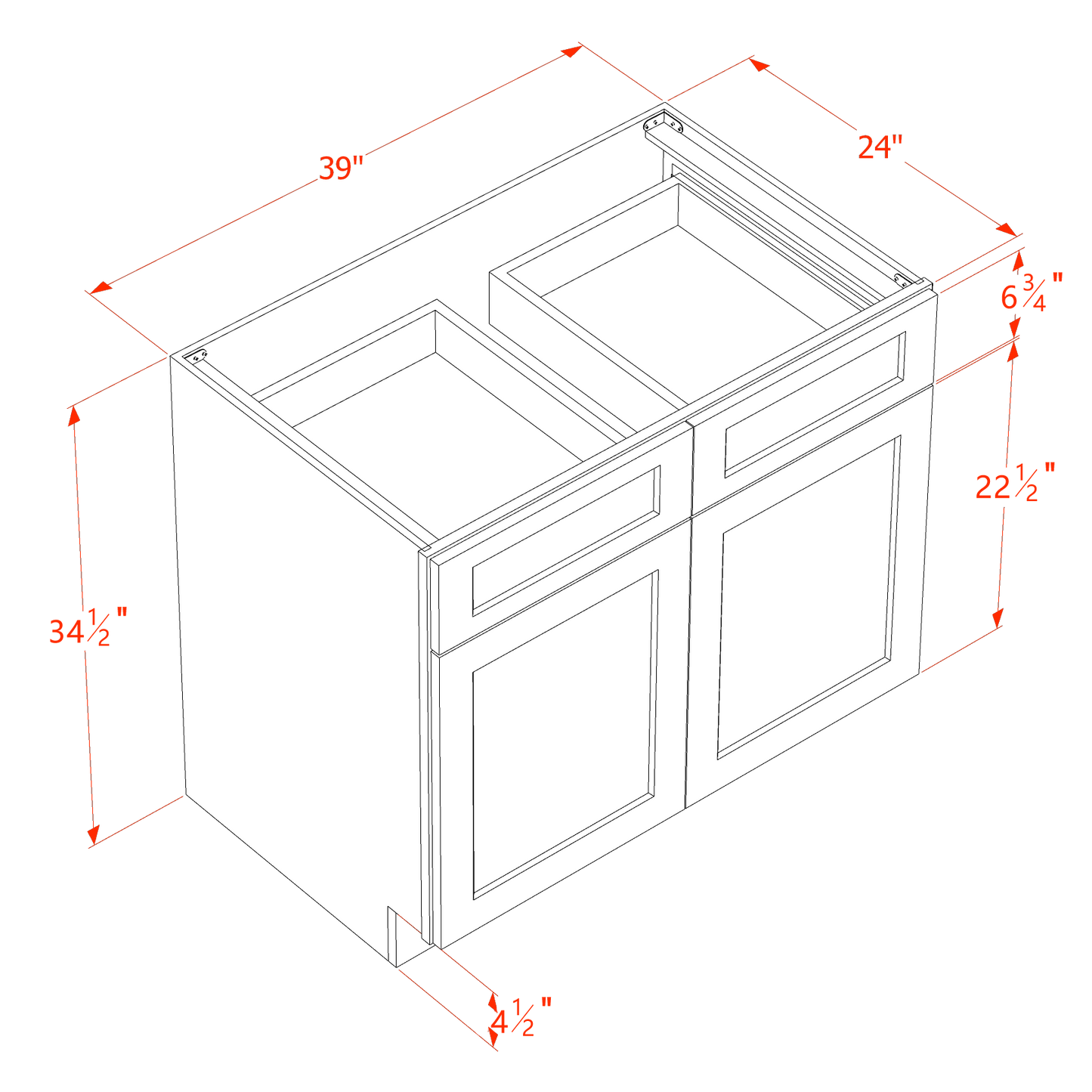 HLG-B39: Light Gray Shaker 39" 2 Drawers 2 Doors Standard Base Cabinet