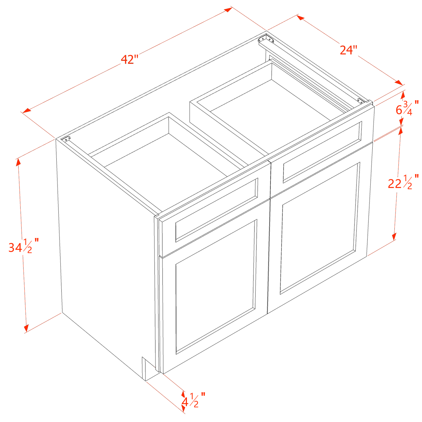 TW-B42: Creamy White Shaker 42" 2 Drawers 2 Doors Standard Base Cabinet