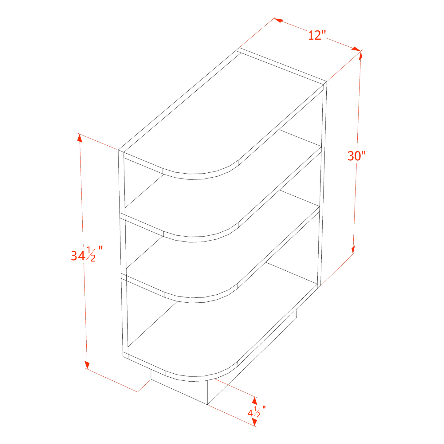 TW-BES12R: Creamy White Shaker 12" 4 Shelves End Shelf Corner Base Cabinets (Right Open)