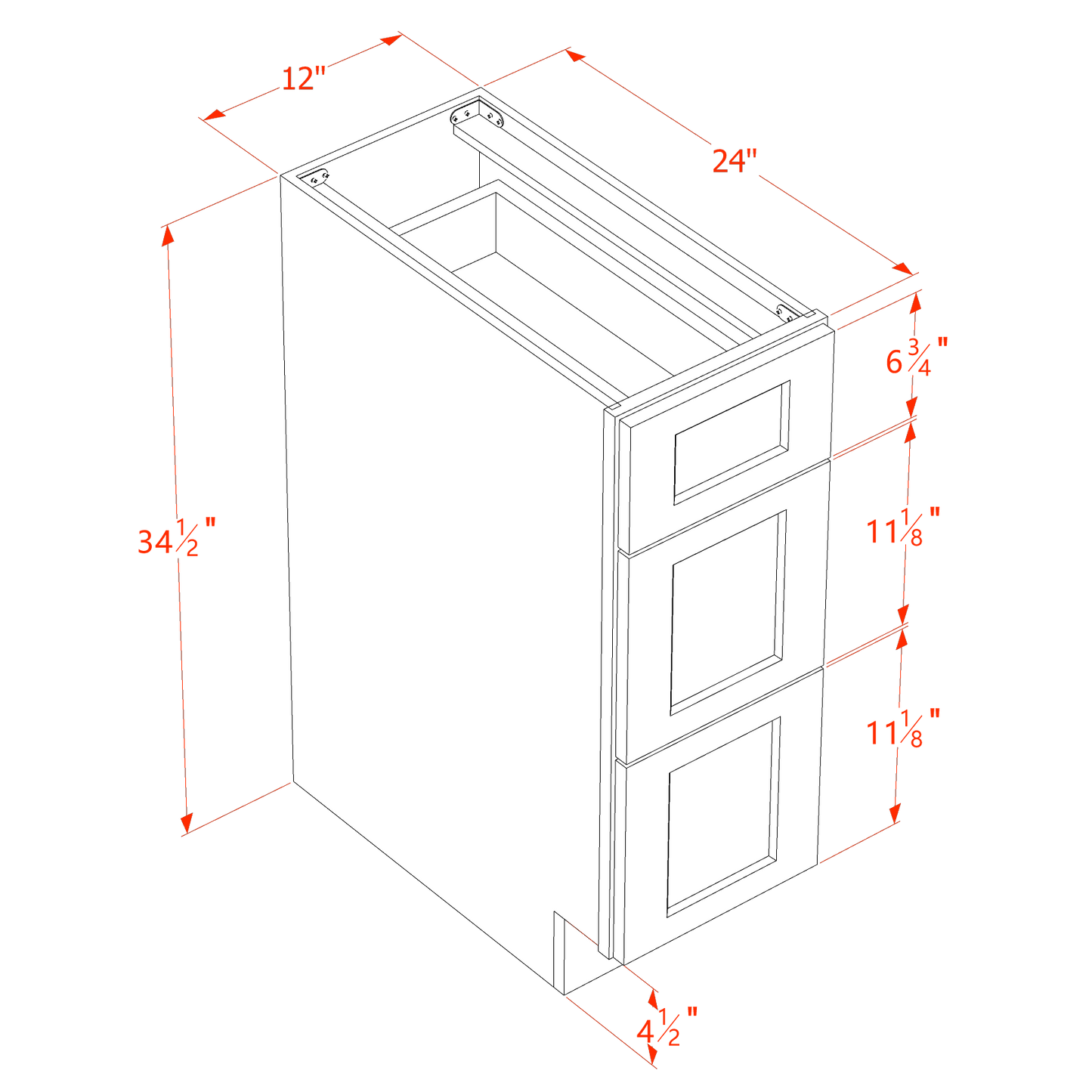 TW-DB12: Creamy White Shaker 12" 3 Drawers Base Cabinet