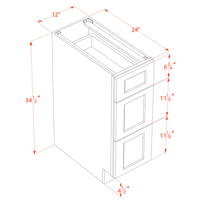 TW-DB12: Creamy White Shaker 12" 3 Drawers Base Cabinet