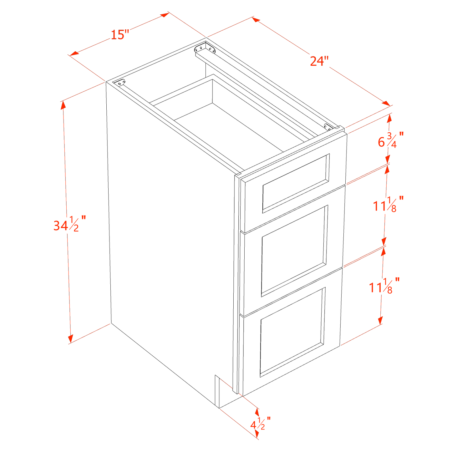 TW-DB15: Creamy White Shaker 15" 3 Drawers Base Cabinet