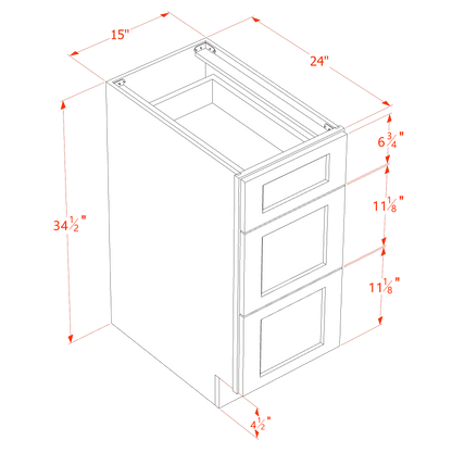 TW-DB15: Creamy White Shaker 15" 3 Drawers Base Cabinet