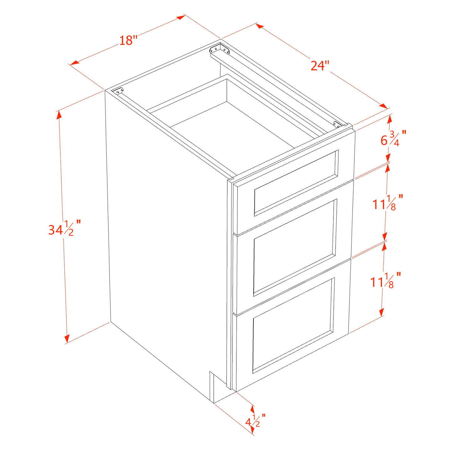 TW-DB18: Creamy White Shaker 18" 3 Drawers Base Cabinet