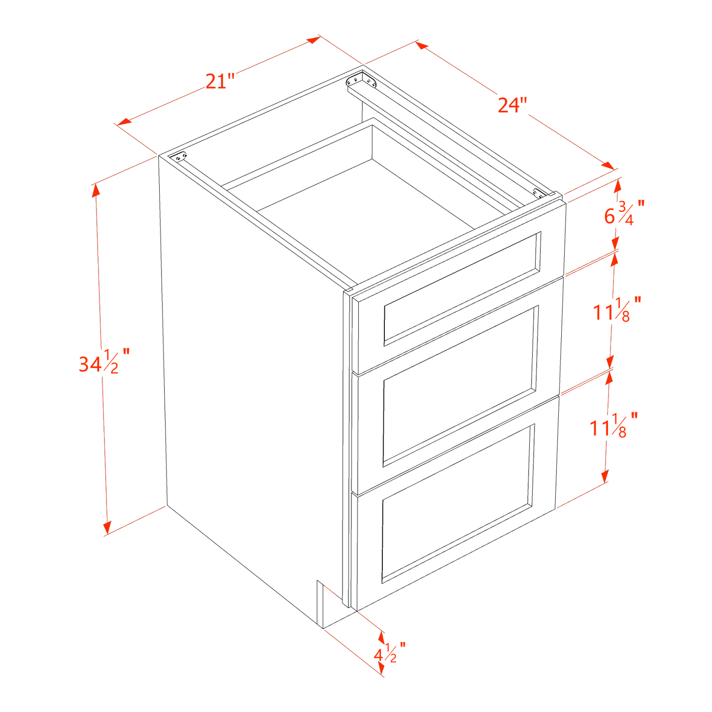 TW-DB21: Creamy White Shaker 21" 3 Drawers Base Cabinet