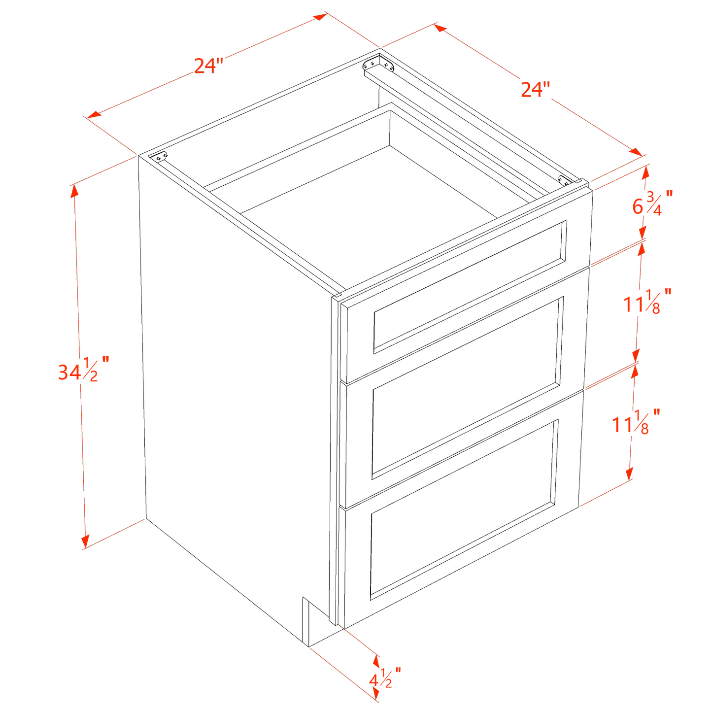 TW-DB24: Creamy White Shaker 24" 3 Drawers Base Cabinet