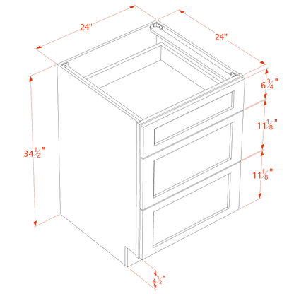 TW-DB24: Creamy White Shaker 24" 3 Drawers Base Cabinet