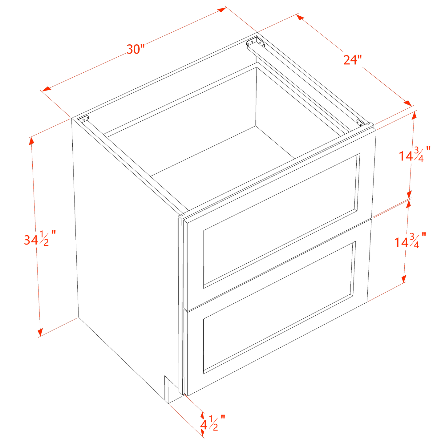 TW-DB30-2: Creamy White Shaker 30" 2 Drawers Base Cabinet