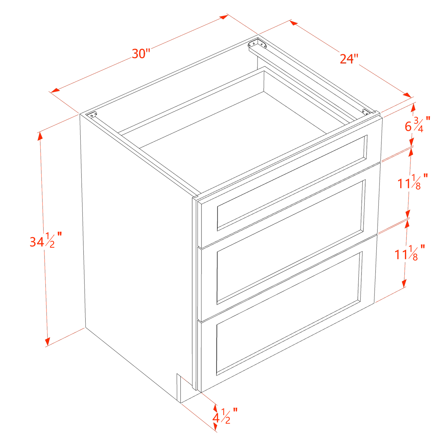 TW-DB30: Creamy White Shaker 30" 3 Drawers Base Cabinet