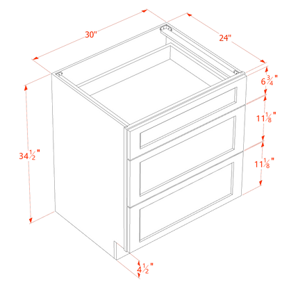 TW-DB30: Creamy White Shaker 30" 3 Drawers Base Cabinet