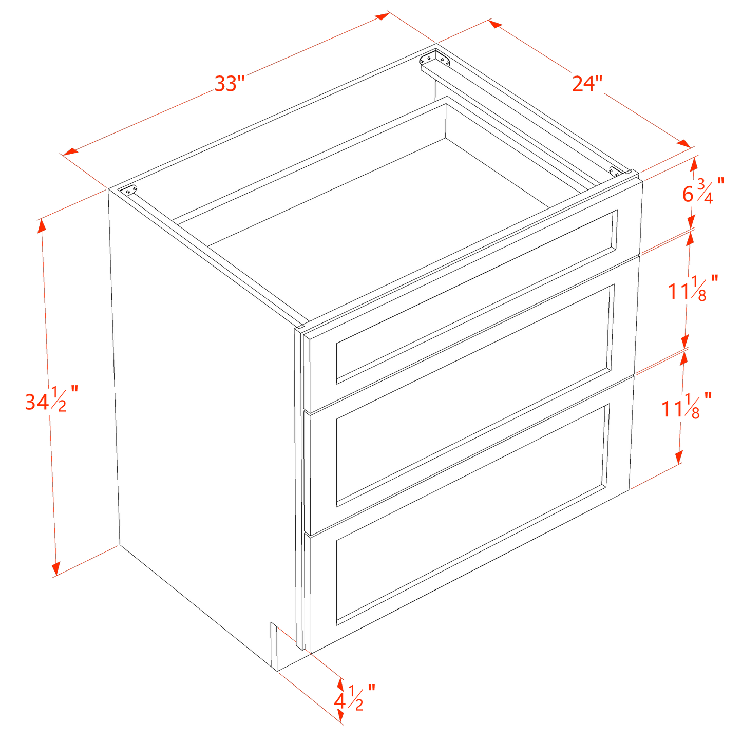 HT-DB33: Timber Wood Shaker 33" 3 Drawers Base Cabinet