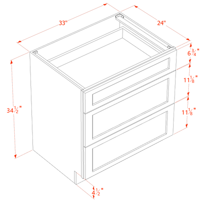 HT-DB33: Timber Wood Shaker 33" 3 Drawers Base Cabinet