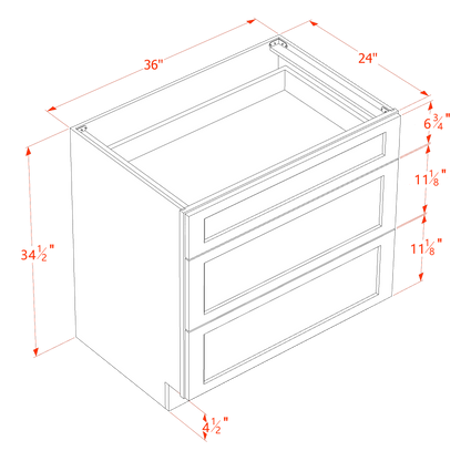 TG-DB36: Soft Green Shaker 36" 3 Drawers Base Cabinet