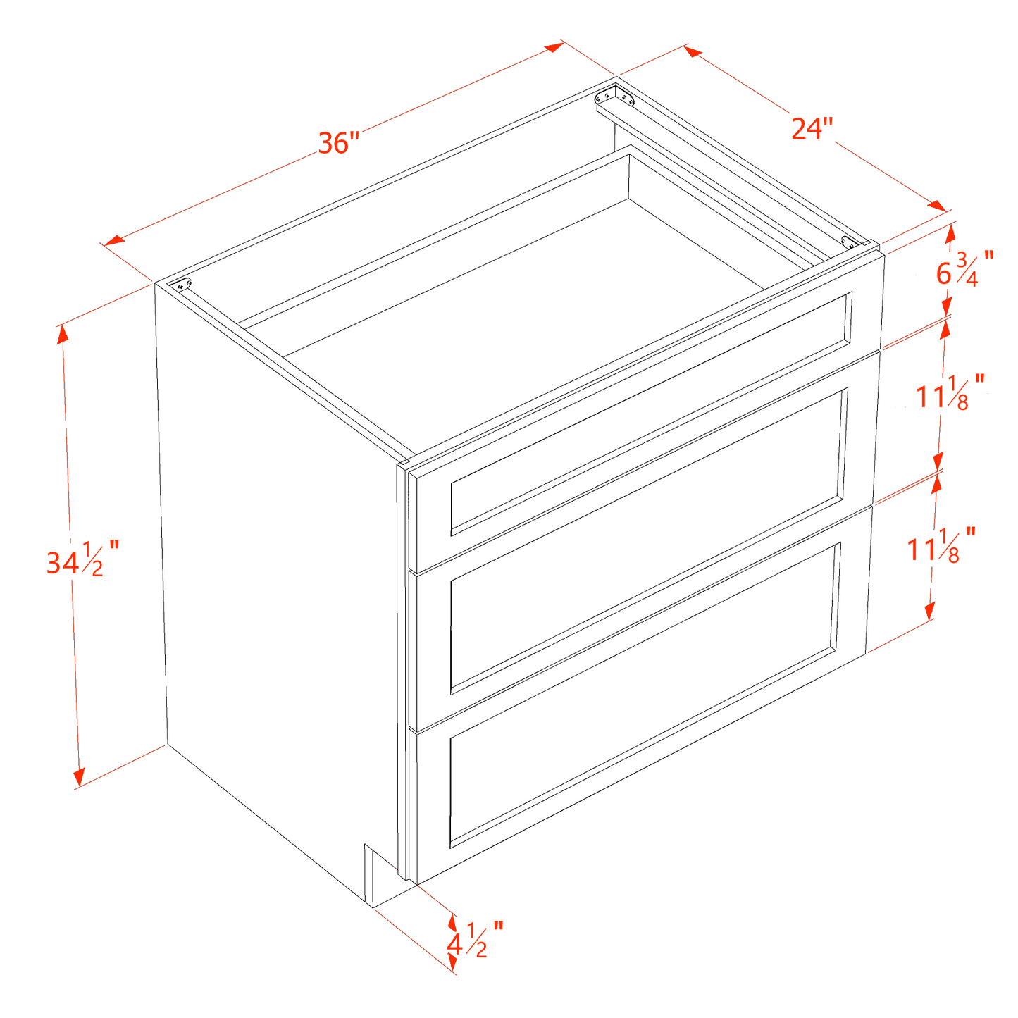 TW-DB36: Creamy White Shaker 36" 3 Drawers Base Cabinet