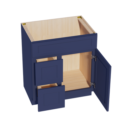 HB-VSD3021L: Indigo Blue Shaker 30"W x 34-1/2"H x 21"D 1 Door & 2 Left Drawers Offset Vanity Sink Base Cabinets