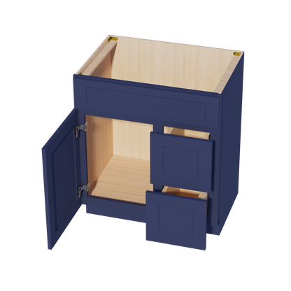 HB-VSD3021R: Indigo Blue Shaker 30"W x 34-1/2"H x 21"D 1 Door & 2 Right Drawers Offset Vanity Sink Base Cabinets