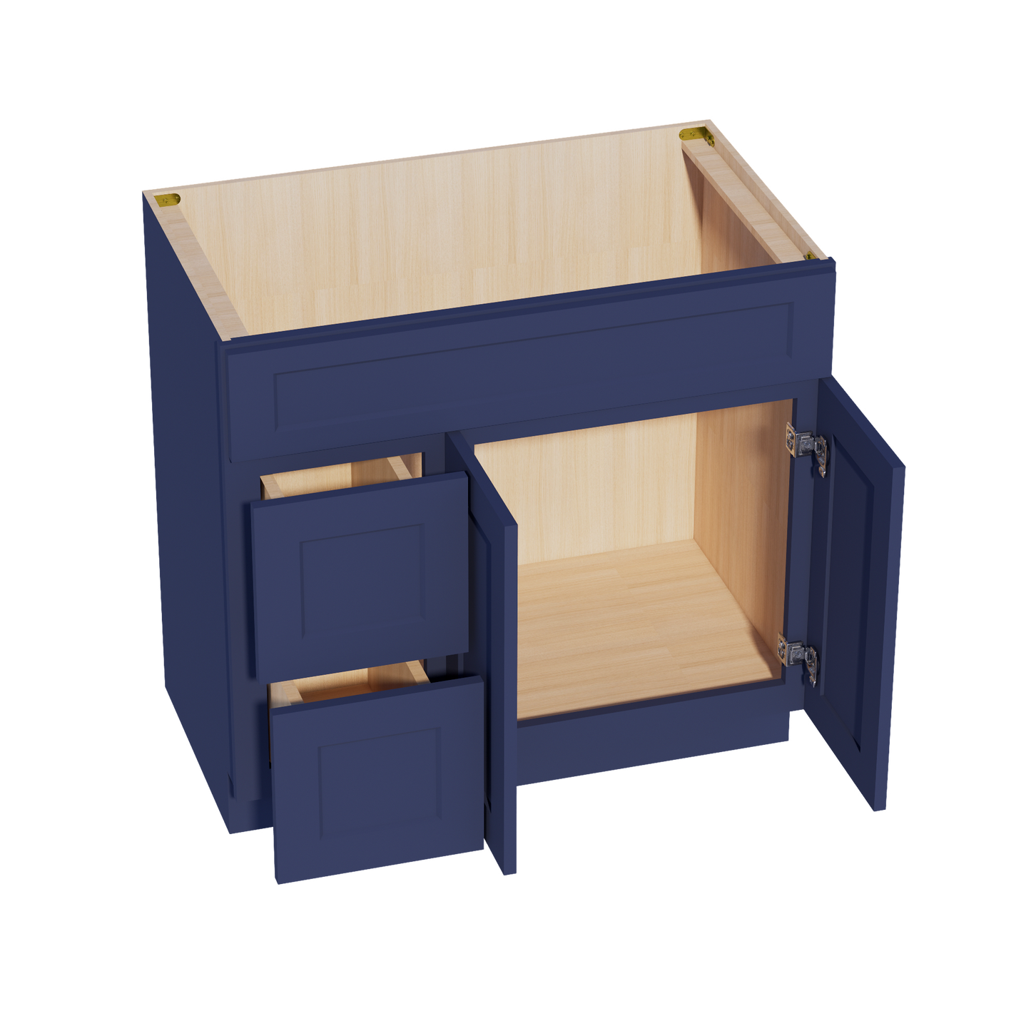 HB-VSD3621L: Indigo Blue Shaker 36"W x 34-1/2"H x 21"D 2 Doors & 2 Left Drawers Offset Vanity Sink Base Cabinets