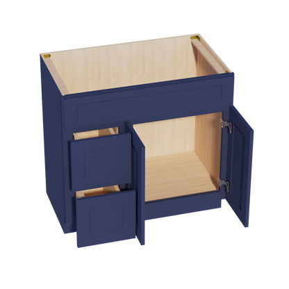 HB-VSD3621L: Indigo Blue Shaker 36"W x 34-1/2"H x 21"D 2 Doors & 2 Left Drawers Offset Vanity Sink Base Cabinets