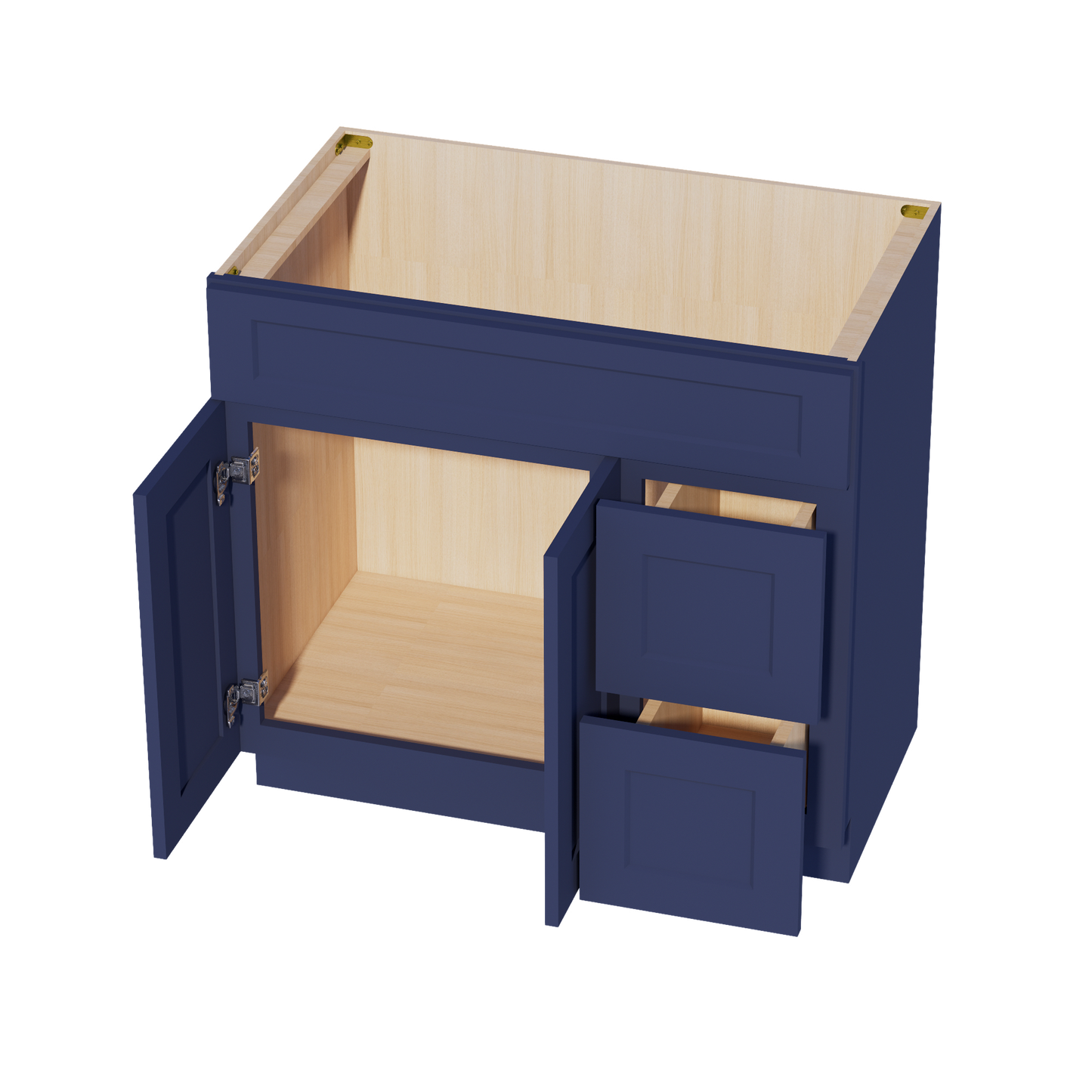 HB-VSD3621R: Indigo Blue Shaker 36"W x 34-1/2"H x 21"D 2 Doors & 2 Right Drawers Offset Vanity Sink Base Cabinets