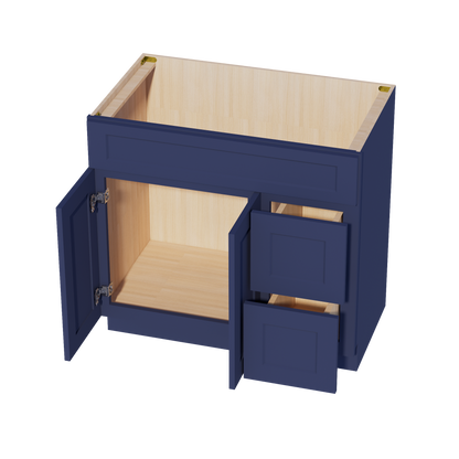 HB-VSD3621R: Indigo Blue Shaker 36"W x 34-1/2"H x 21"D 2 Doors & 2 Right Drawers Offset Vanity Sink Base Cabinets