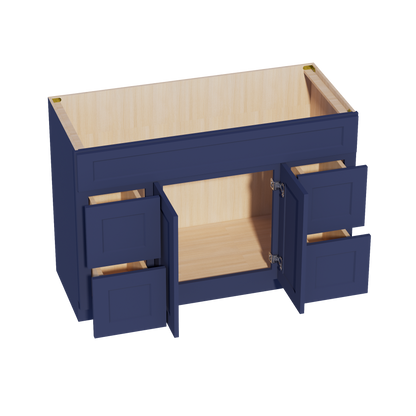 HB-VSD4821: Indigo Blue Shaker 48"W x 34-1/2"H x 21"D 2 Doors, 4 Drawers & 1 False Drawer Centered Vanity Sink Base Cabinets