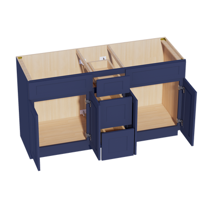 HB-VSD60DOUBLEE: Indigo Blue Shaker 60"W x 34-1/2"H x 21"D 4 Doors, 3 Drawers & 2 False Drawers Double Sink Vanity Base Combo Cabinets