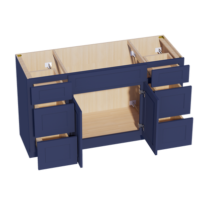 HB-VSD60SINGLE: Indigo Blue Shaker 60"W x 34-1/2"H x 21"D 2 Doors, 6 Drawers & 1 False Drawer Single Sink Vanity Base Combo Cabinets