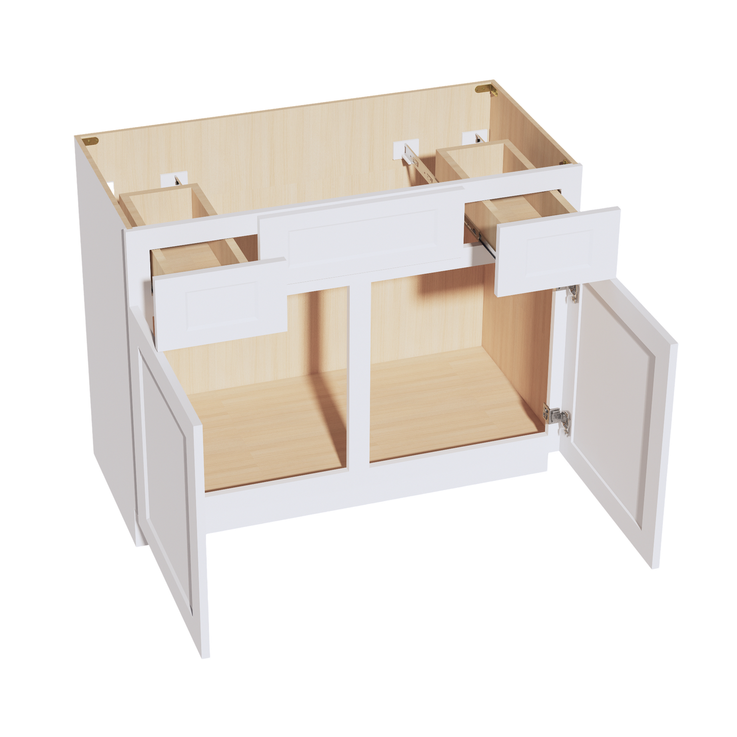 HF-VSD4221: Frost White Shaker  42"W x 34-1/2"H x 21"D 2 Doors, 2 Drawers & 1 False Drawer Centered Vanity Sink Base Cabinets