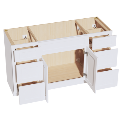 HF-VSD60SINGLE: Frost White Shaker 60"W x 34-1/2"H x 21"D 2 Doors, 6 Drawers & 1 False Drawer Single Sink Vanity Base Combo Cabinets