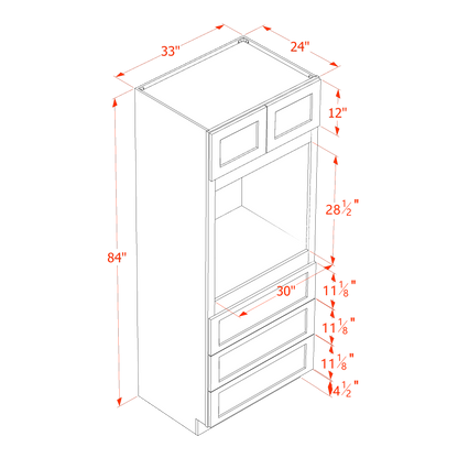 SM-OC3384: Mocha Brown Slim Shaker 33"W x 84"H x 24"D 2 Doors & 3 Drawers Tall Oven Shelf Cabinets