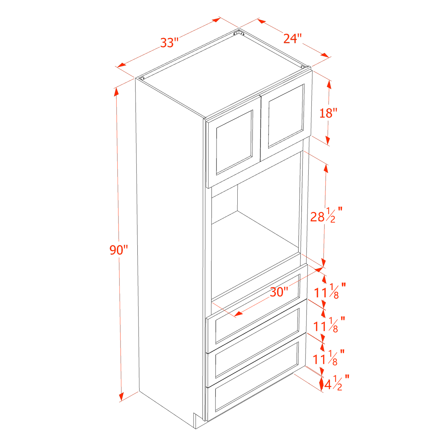 TW-OC3390: Creamy White Shaker 33"W x 90"H x 24"D 2 Doors & 3 Drawers Tall Oven Shelf Cabinets