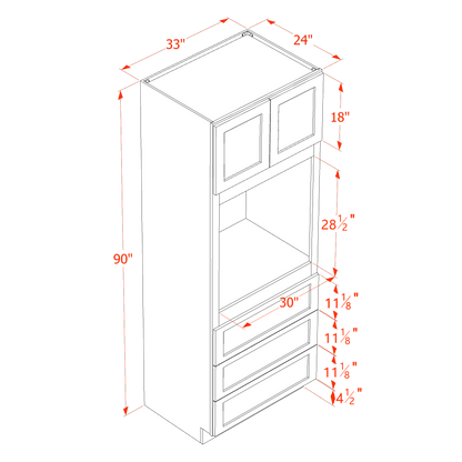 TW-OC3390: Creamy White Shaker 33"W x 90"H x 24"D 2 Doors & 3 Drawers Tall Oven Shelf Cabinets