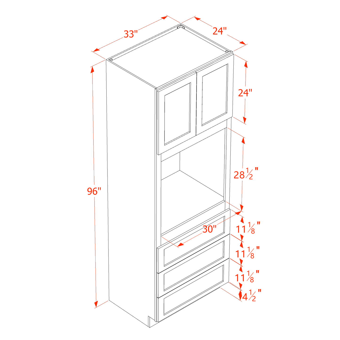 TW-OC3396: Creamy White Shaker 33"W x 96"H x 24"D 2 Doors & 3 Drawers Tall Oven Shelf Cabinets