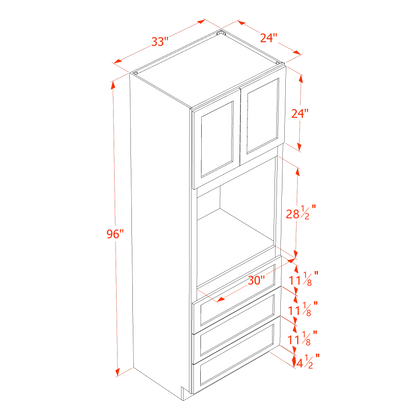 TW-OC3396: Creamy White Shaker 33"W x 96"H x 24"D 2 Doors & 3 Drawers Tall Oven Shelf Cabinets