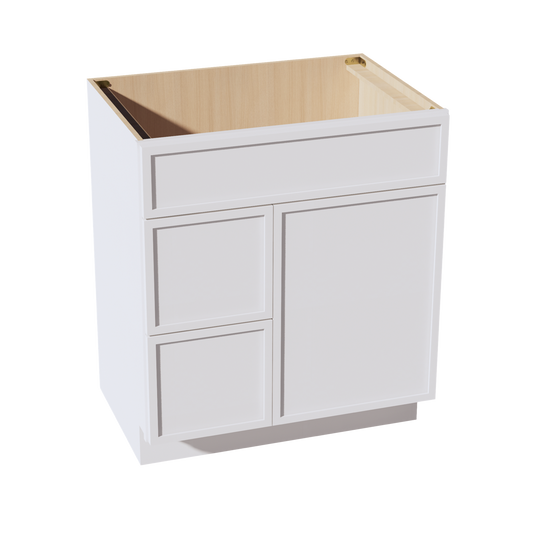 SF-VSD3021L: Frost White Slim Shaker 30"W x 34-1/2"H x 21"D 1 Door & 2 Left Drawers Offset Vanity Sink Base Cabinets