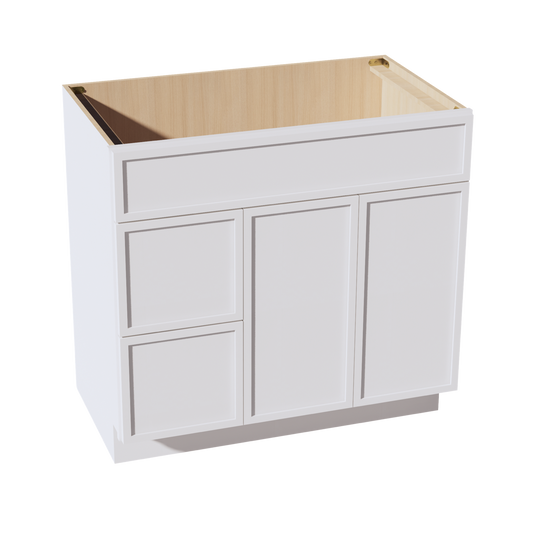 SF-VSD3621L: Frost White Slim Shaker 36"W x 34-1/2"H x 21"D 2 Doors & 2 Left Drawers Offset Vanity Sink Base Cabinets