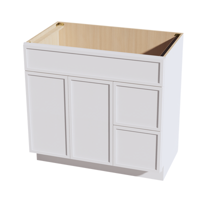 SF-VSD3621R: Frost White Slim Shaker 36"W x 34-1/2"H x 21"D 2 Doors & 2 Right Drawers Offset Vanity Sink Base Cabinets