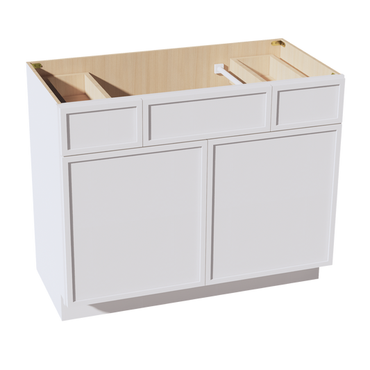 SF-VSD4221: Frost White Slim Shaker  42"W x 34-1/2"H x 21"D 2 Doors, 2 Drawers & 1 False Drawer Centered Vanity Sink Base Cabinets