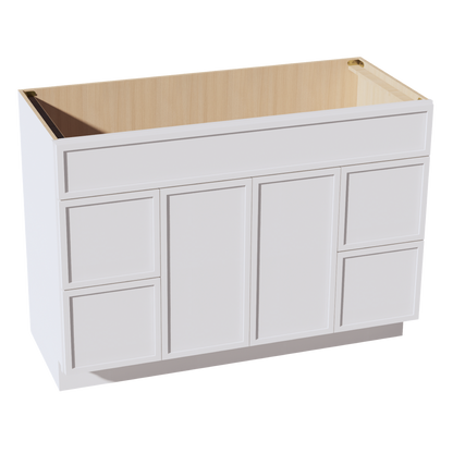 SF-VSD4821: Frost White Slim Shaker 48"W x 34-1/2"H x 21"D 2 Doors, 4 Drawers & 1 False Drawer Centered Vanity Sink Base Cabinets