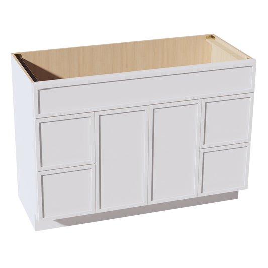 SF-VSD4821: Frost White Slim Shaker 48"W x 34-1/2"H x 21"D 2 Doors, 4 Drawers & 1 False Drawer Centered Vanity Sink Base Cabinets